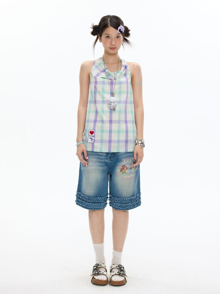 Polka Dot Lace Straight-Leg Five Quarter Denim Pants【s0000017622】