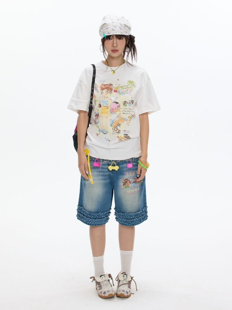 Polka Dot Lace Straight-Leg Five Quarter Denim Pants【s0000017622】