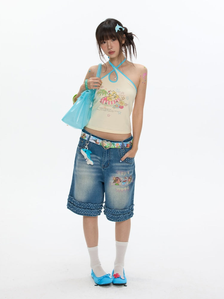 Polka Dot Lace Straight-Leg Five Quarter Denim Pants【s0000017622】