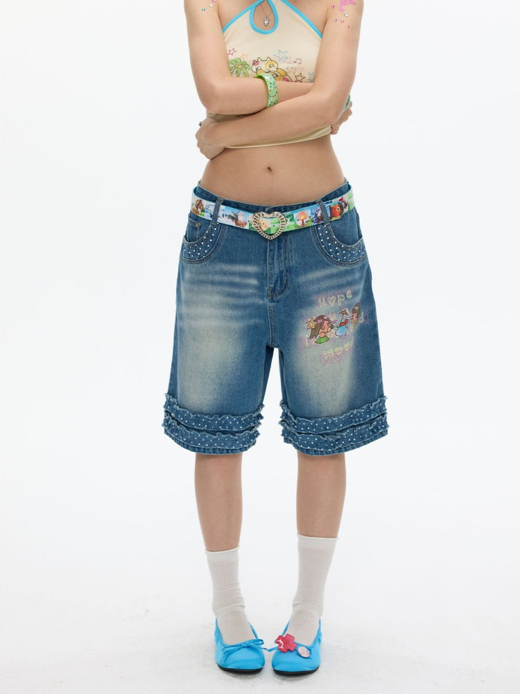 Polka Dot Lace Straight-Leg Five Quarter Denim Pants【s0000017622】