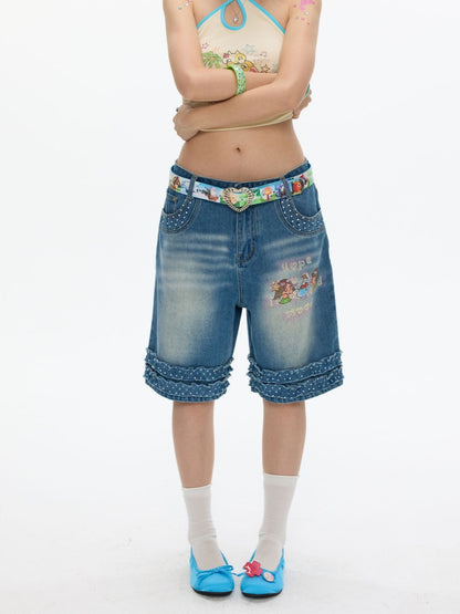 Polka Dot Lace Straight-Leg Five Quarter Denim Pants【s0000017622】