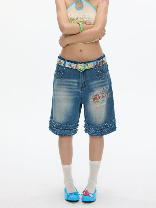 Polka Dot Lace Straight-Leg Five Quarter Denim Pants【s0000017622】