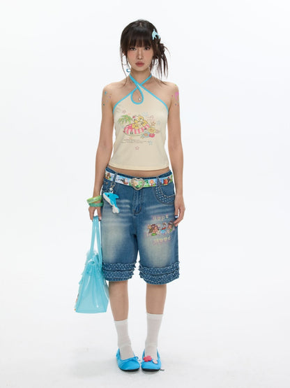 Polka Dot Lace Straight-Leg Five Quarter Denim Pants【s0000017622】