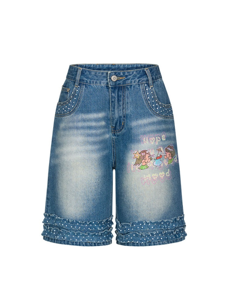 Polka Dot Lace Straight-Leg Five Quarter Denim Pants【s0000017622】