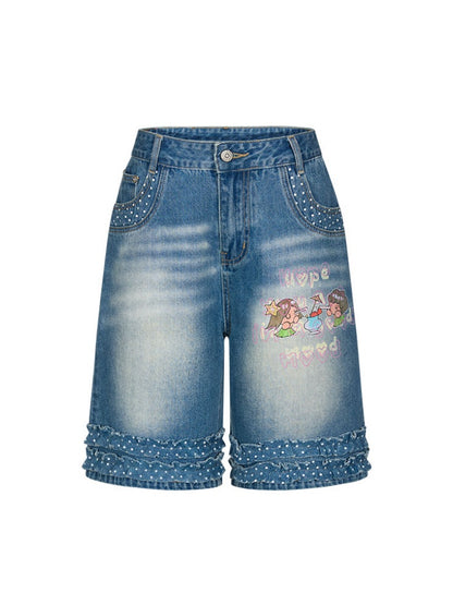 Polka Dot Lace Straight-Leg Five Quarter Denim Pants【s0000017622】