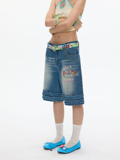 Polka Dot Lace Straight-Leg Five Quarter Denim Pants【s0000017622】