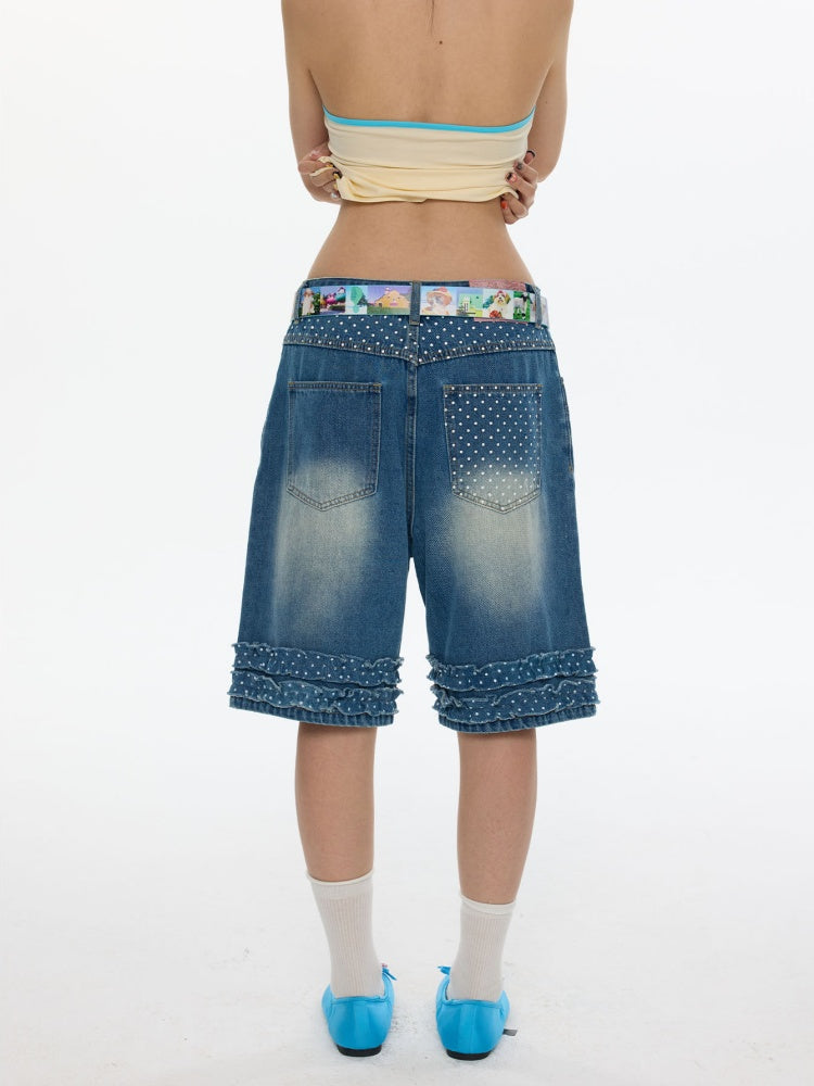 Polka Dot Lace Straight-Leg Five Quarter Denim Pants【s0000017622】
