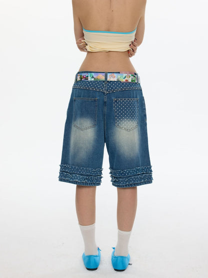 Polka Dot Lace Straight-Leg Five Quarter Denim Pants【s0000017622】
