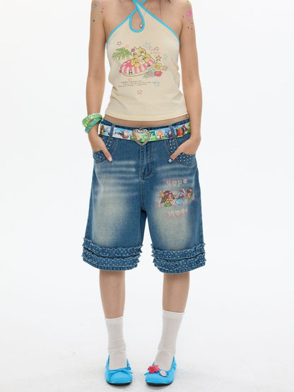 Polka Dot Lace Straight-Leg Five Quarter Denim Pants【s0000017622】
