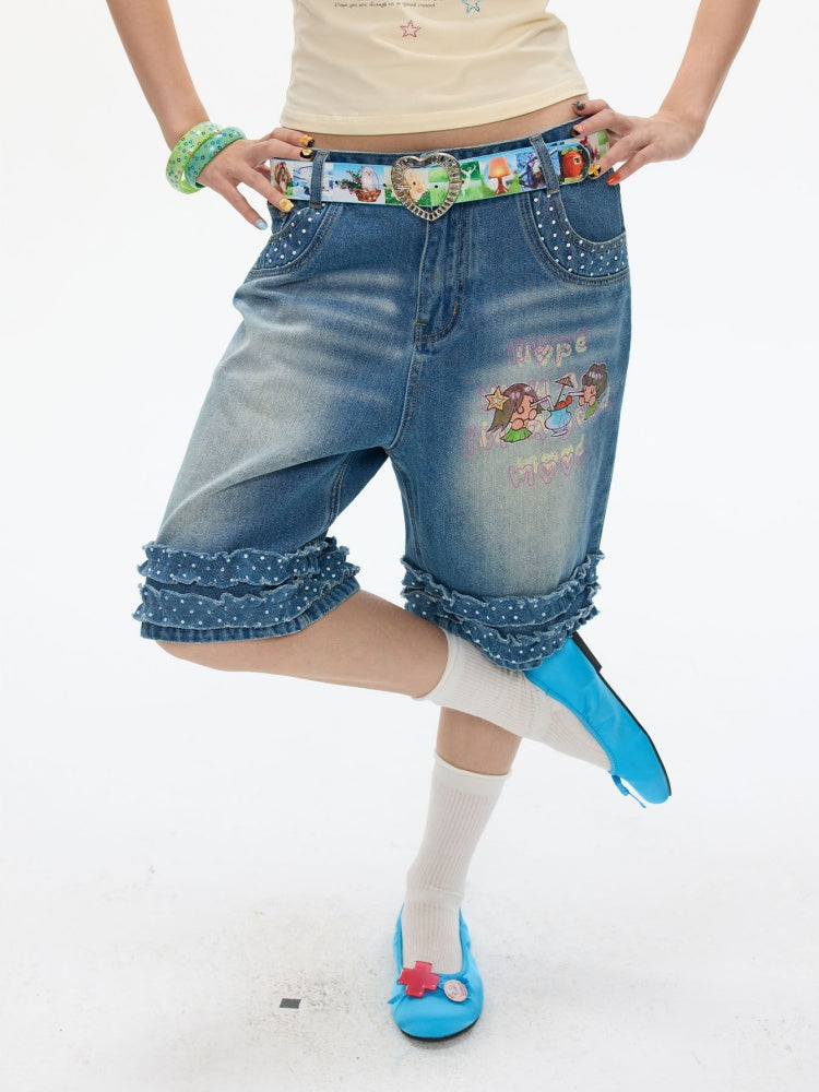 Polka Dot Lace Straight-Leg Five Quarter Denim Pants【s0000017622】