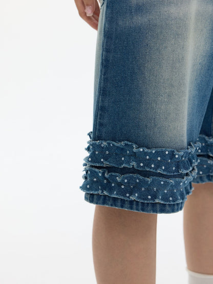 Polka Dot Lace Straight-Leg Five Quarter Denim Pants【s0000017622】