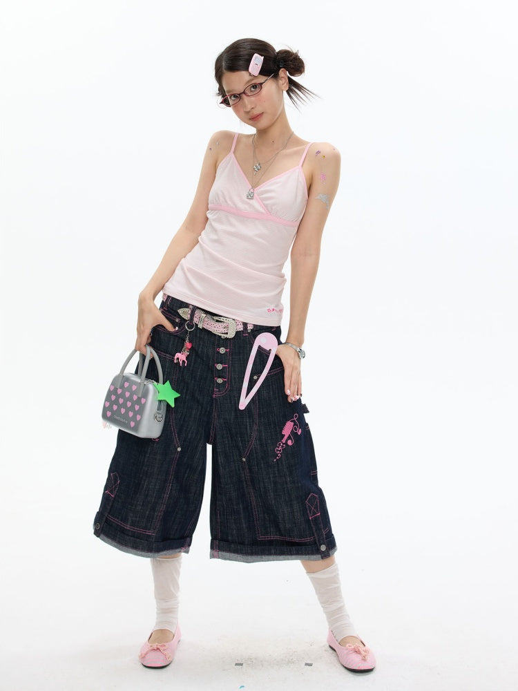 Basic Emoji Embroidered Striped Camisole【s0000017623】