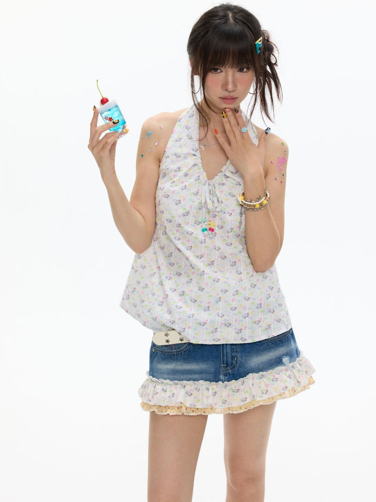 Colorful Summer Printed Hanging Neck Shirt【s0000017624】
