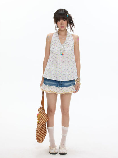 Colorful Summer Printed Hanging Neck Shirt【s0000017624】