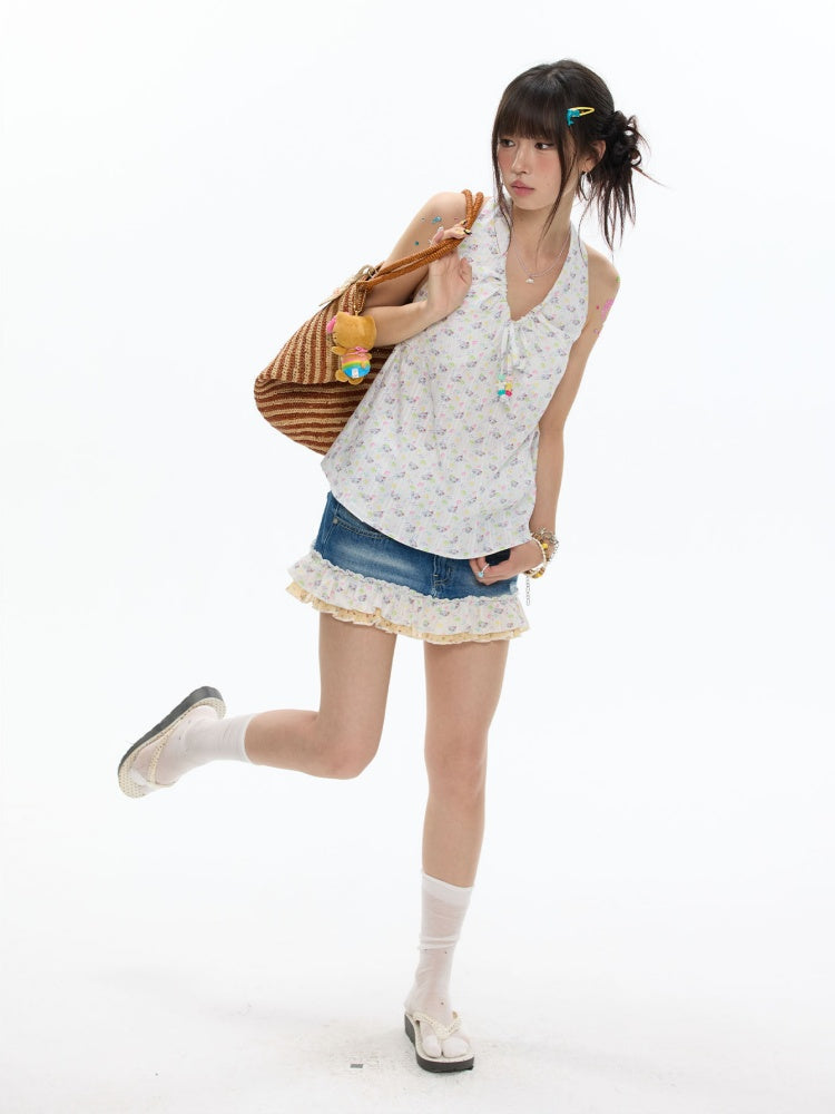Colorful Summer Printed Hanging Neck Shirt【s0000017624】