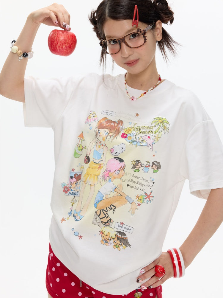 Crooked Illustration Printed Loose Short-Sleeve T-Shirt【s0000017626】