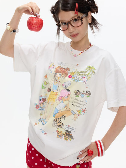 Crooked Illustration Printed Loose Short-Sleeve T-Shirt【s0000017626】