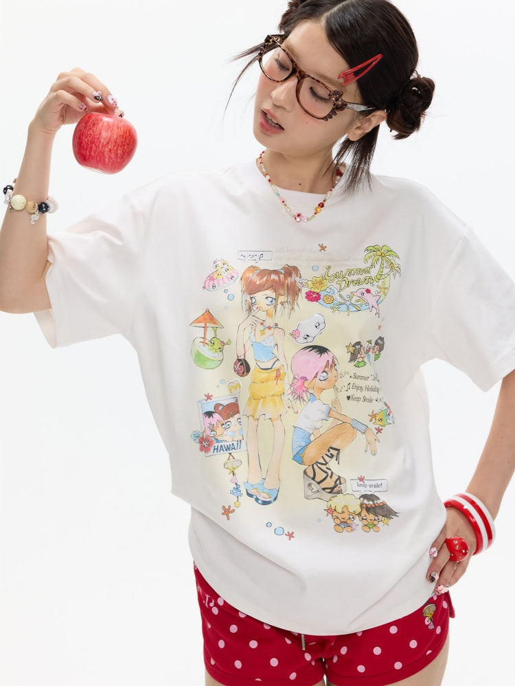 Crooked Illustration Printed Loose Short-Sleeve T-Shirt【s0000017626】
