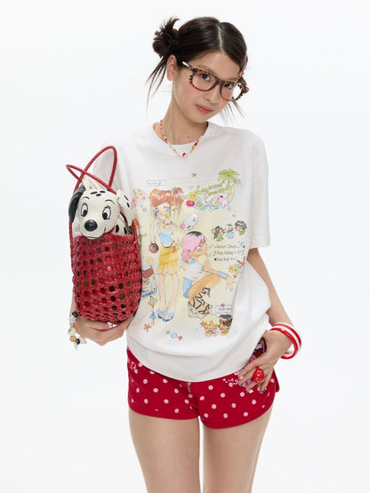 Crooked Illustration Printed Loose Short-Sleeve T-Shirt【s0000017626】
