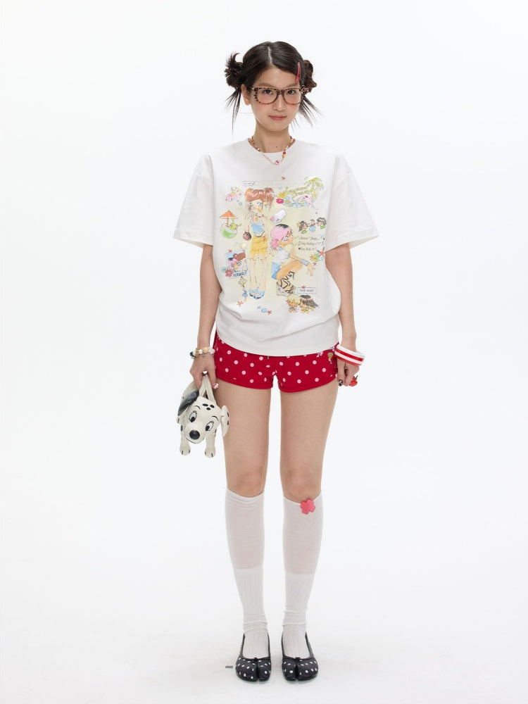 Crooked Illustration Printed Loose Short-Sleeve T-Shirt【s0000017626】