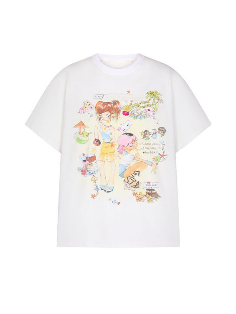 Crooked Illustration Printed Loose Short-Sleeve T-Shirt【s0000017626】