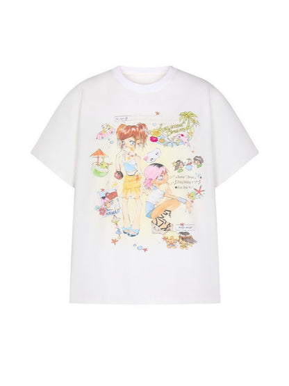 Crooked Illustration Printed Loose Short-Sleeve T-Shirt【s0000017626】