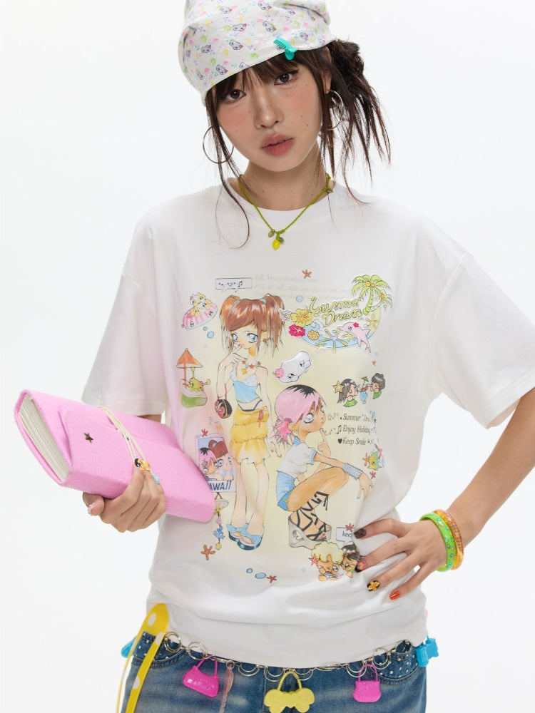 Crooked Illustration Printed Loose Short-Sleeve T-Shirt【s0000017626】