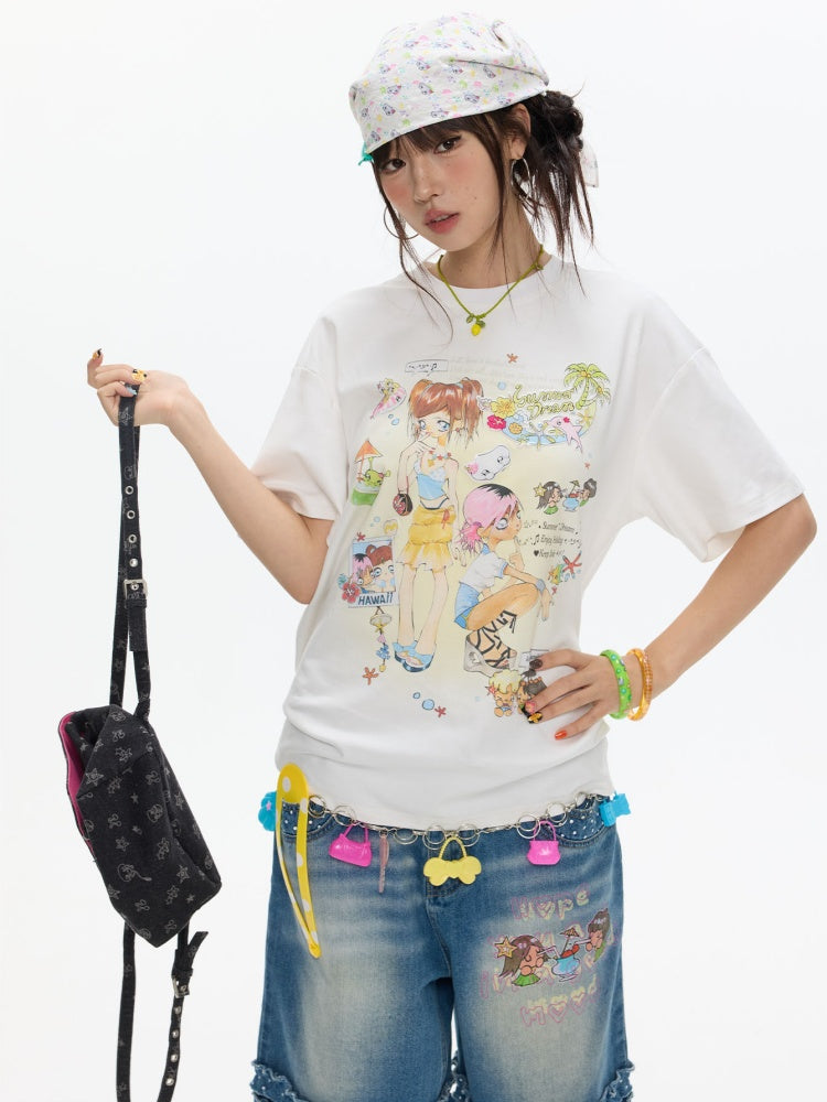 Crooked Illustration Printed Loose Short-Sleeve T-Shirt【s0000017626】