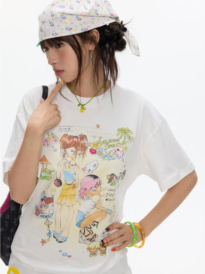 Crooked Illustration Printed Loose Short-Sleeve T-Shirt【s0000017626】