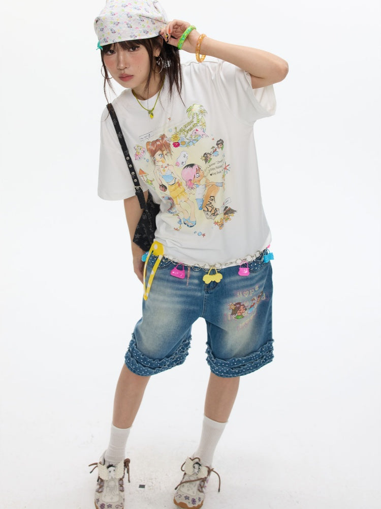 Crooked Illustration Printed Loose Short-Sleeve T-Shirt【s0000017626】