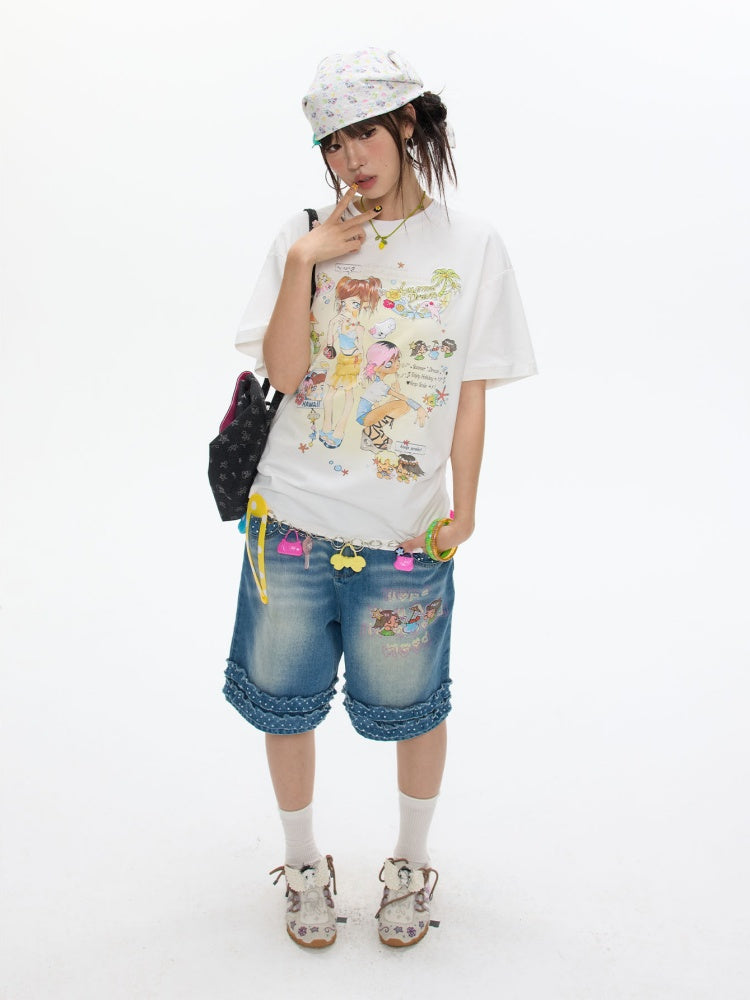 Crooked Illustration Printed Loose Short-Sleeve T-Shirt【s0000017626】