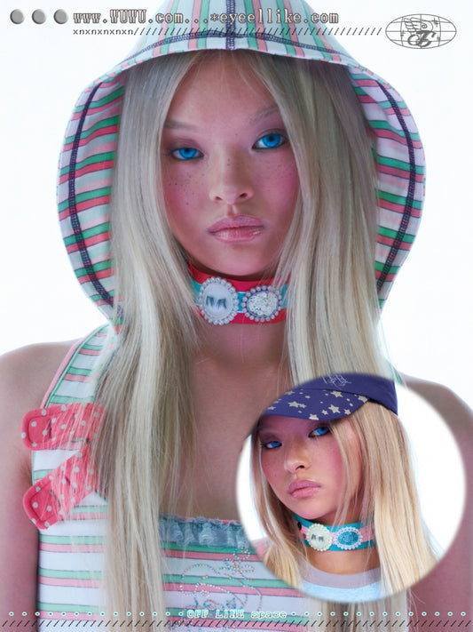 3D Eyelash Acrylic Round Cover Nostalgic Webbing Sequin Choker Collar【s0000017732】