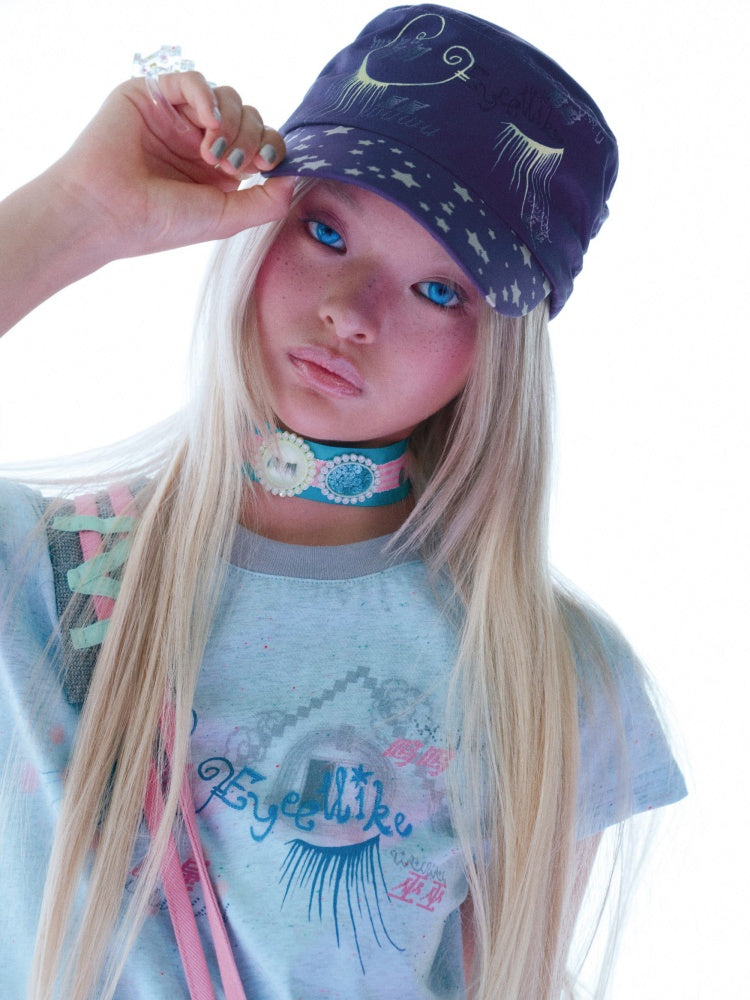 3D Eyelash Acrylic Round Cover Nostalgic Webbing Sequin Choker Collar【s0000017732】