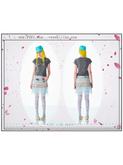 Hand-Drawn Paper Print Eyelash Lace Striped Three-Layer A-Line Low-Waist Skirt【s0000017735】