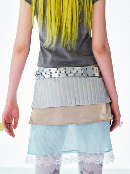Hand-Drawn Paper Print Eyelash Lace Striped Three-Layer A-Line Low-Waist Skirt【s0000017735】
