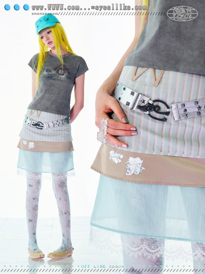 Hand-Drawn Paper Print Eyelash Lace Striped Three-Layer A-Line Low-Waist Skirt【s0000017735】