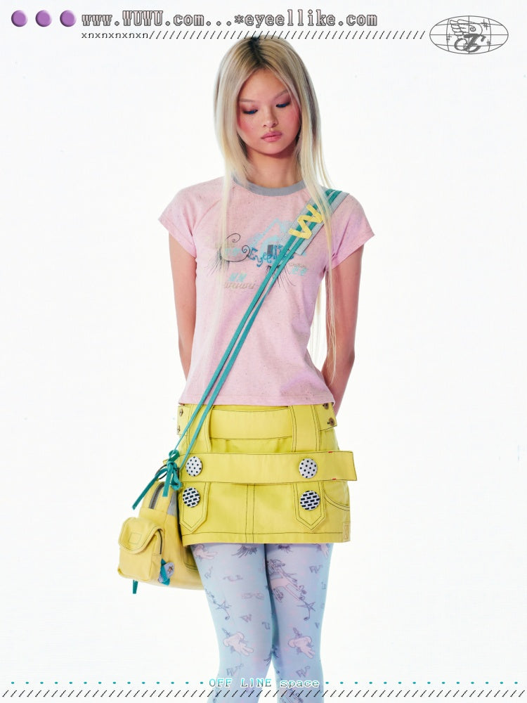 Revival Lemon Yellow Cross-Decorated Polka Dot Button Low-Rise Mini Skirt【s0000017736】