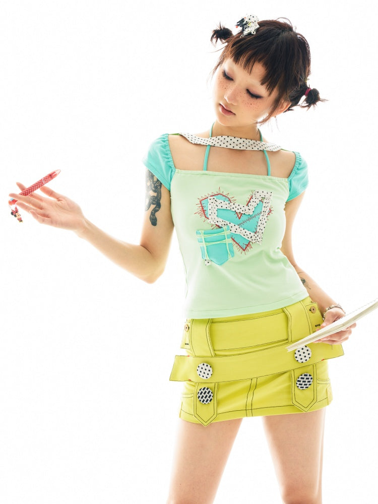 Revival Lemon Yellow Cross-Decorated Polka Dot Button Low-Rise Mini Skirt【s0000017736】
