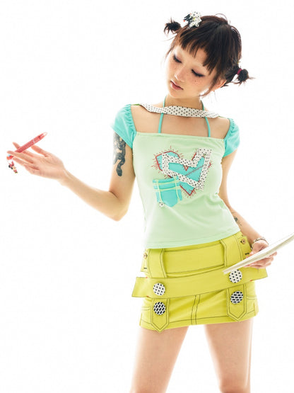 Revival Lemon Yellow Cross-Decorated Polka Dot Button Low-Rise Mini Skirt【s0000017736】