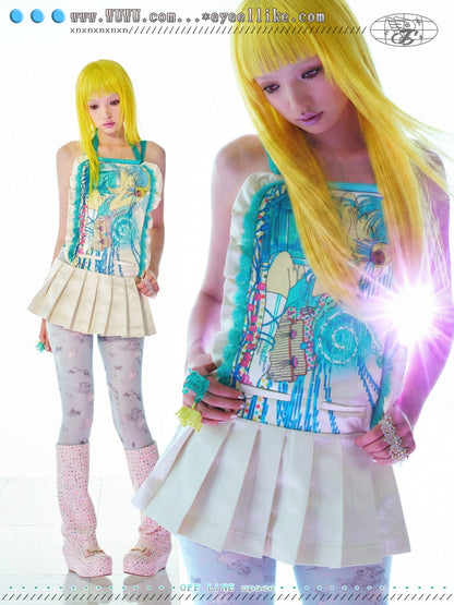 Girl Wearing Headphones Printed Pleated Backless Dress【s0000017737】