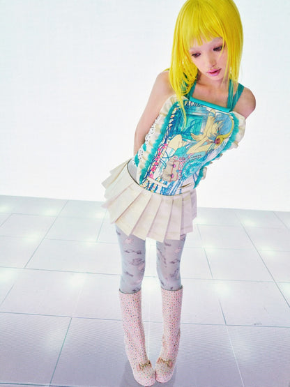 Girl Wearing Headphones Printed Pleated Backless Dress【s0000017737】