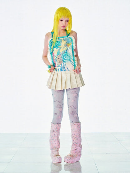 Girl Wearing Headphones Printed Pleated Backless Dress【s0000017737】