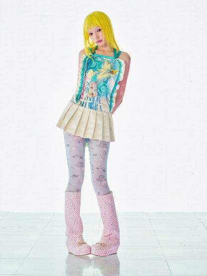 Girl Wearing Headphones Printed Pleated Backless Dress【s0000017737】