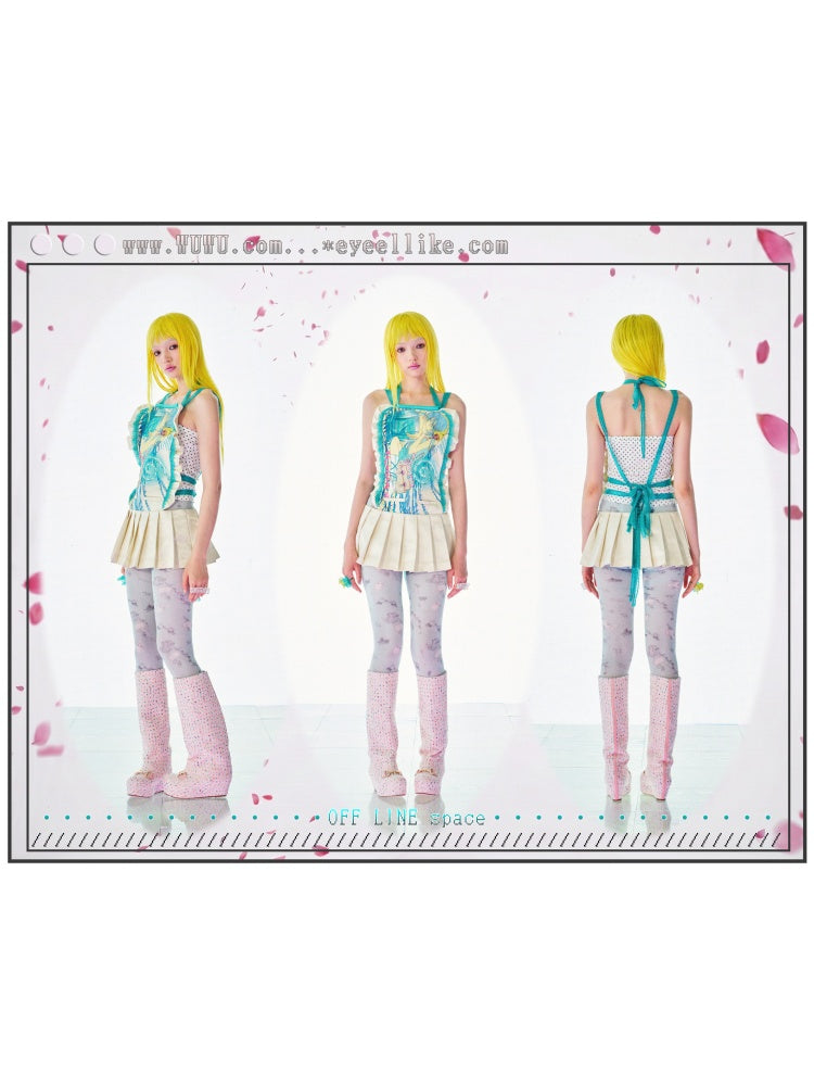 Girl Wearing Headphones Printed Pleated Backless Dress【s0000017737】