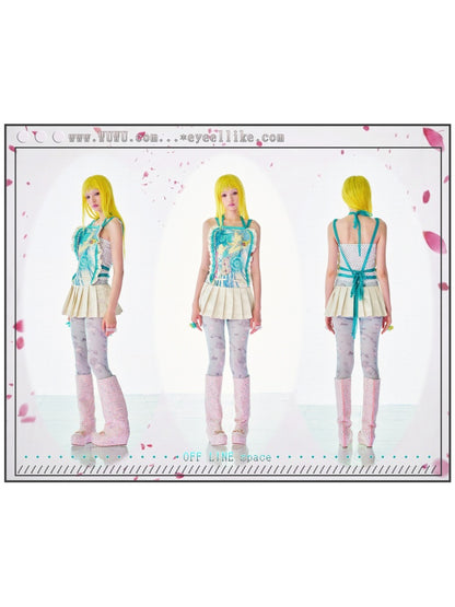 Girl Wearing Headphones Printed Pleated Backless Dress【s0000017737】