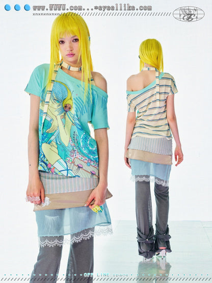 Headphone Girls Print Off-Shoulder Striped Multi-Wear T-Shirt【s0000017738】