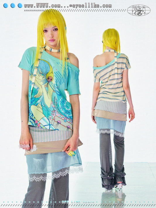 Headphone Girls Print Off-Shoulder Striped Multi-Wear T-Shirt【s0000017738】