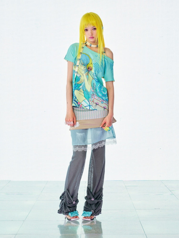 Headphone Girls Print Off-Shoulder Striped Multi-Wear T-Shirt【s0000017738】