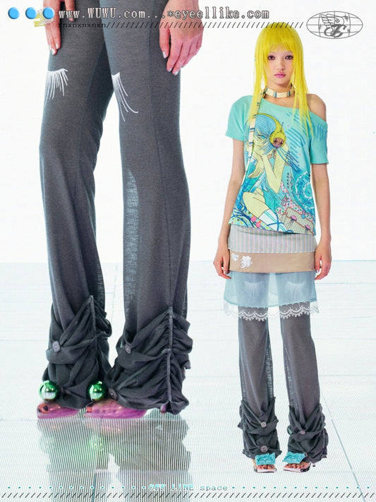 Lash Print Sheer Knit Stretch Speaker Button Decorative Pants【s0000017739】
