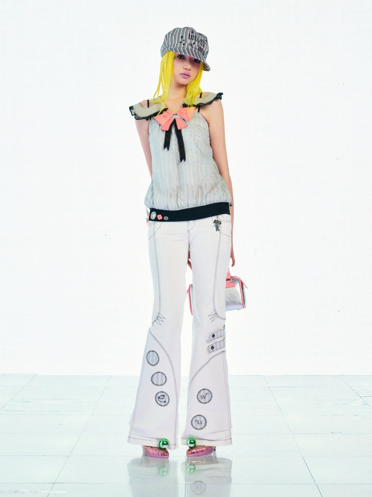 Detachable Wing-Waist Letter Embroidery Appliqué Micro-Flare Stretchy Low-Rise Pants【s0000017741】